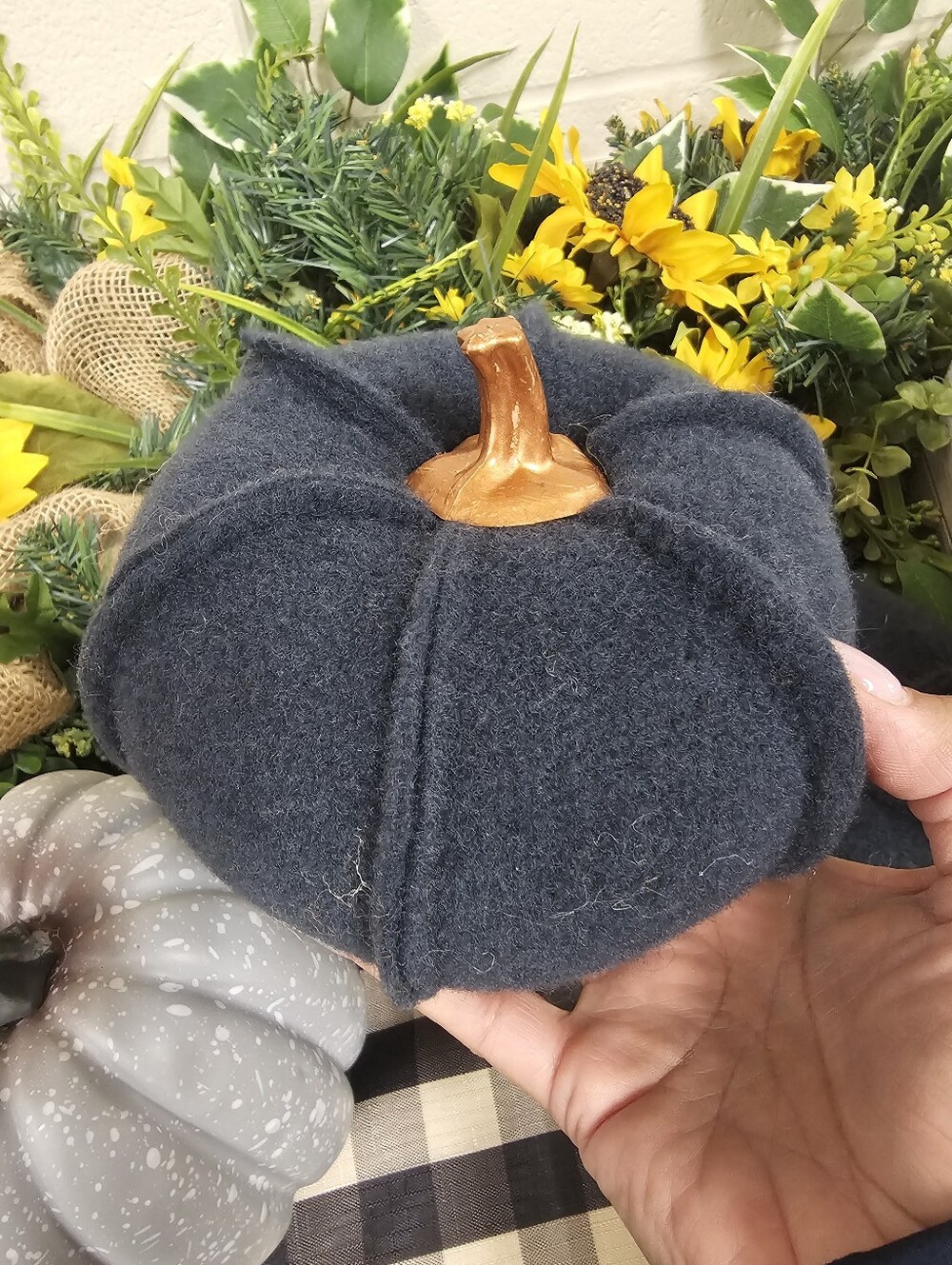Fall Decor Blue Stuffed Felt Pumpkin Autumn Farmhouse Harvest Holiday Table
